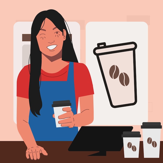 Chica de tienda vendiendo café en la caja en ilustración plana