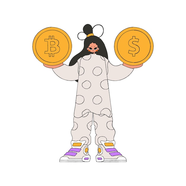 La chica tiene bitcoin y dólar estilo de moda de carácter