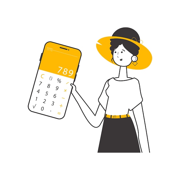 La chica tiene una calculadora Lineart Ilustración de vectores aislados