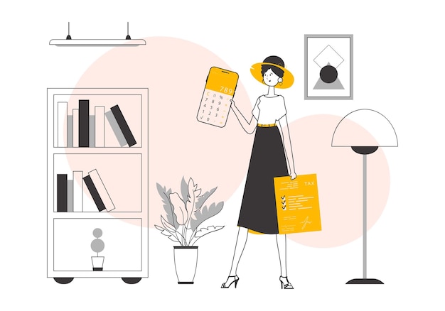 La chica tiene una calculadora Lineart Vector ilustración