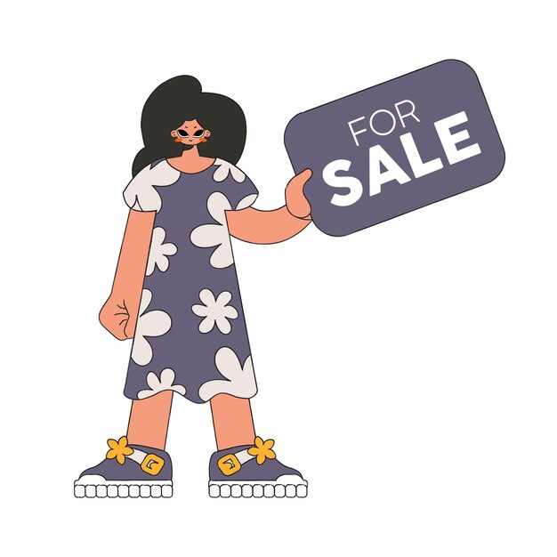 La chica tiene un cartel de venta de estilo atractivo y brillante.