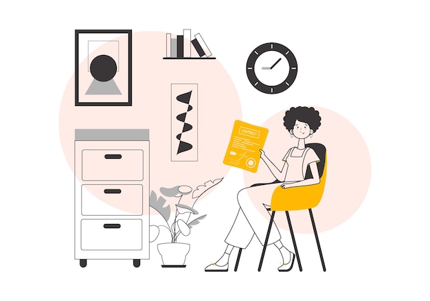 La chica tiene un contrato en sus manos Lineart estilo de moda Ilustración vectorial