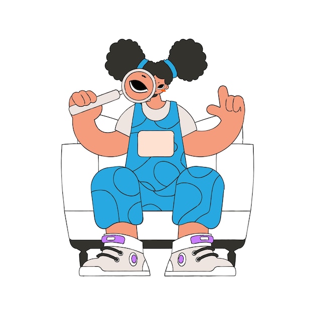 La chica tiene una lupa en las manos Busca la información necesaria en Internet personaje de estilo retro lineal