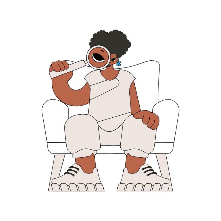 Vector la chica tiene una lupa en las manos busca información personaje de estilo retro lineal
