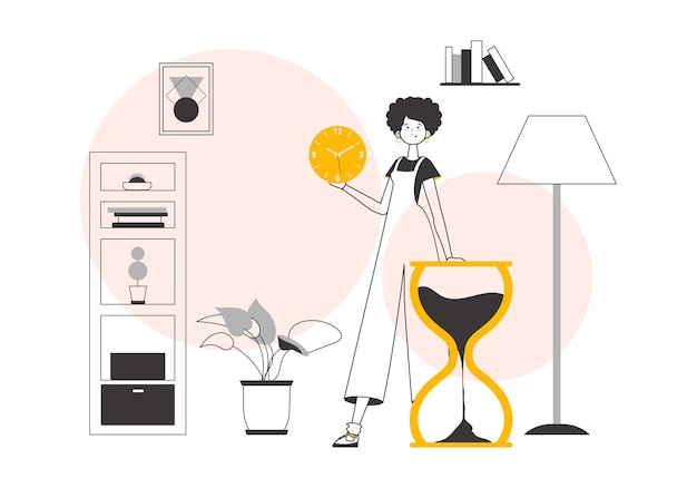 La chica tiene un reloj en las manos Concepto de gestión del tiempo Lineart estilo de moda Ilustración vectorial