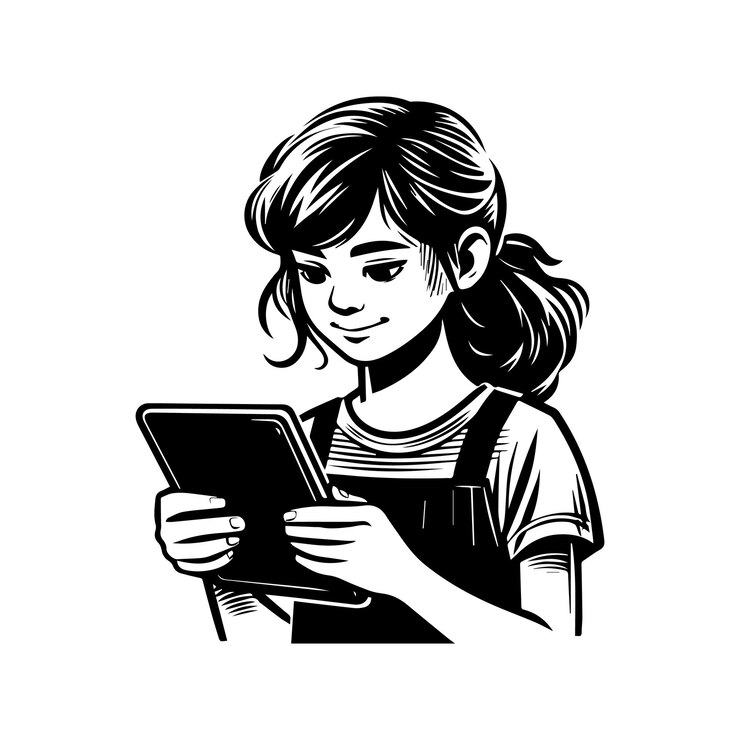 Vector una chica tiene una tableta.