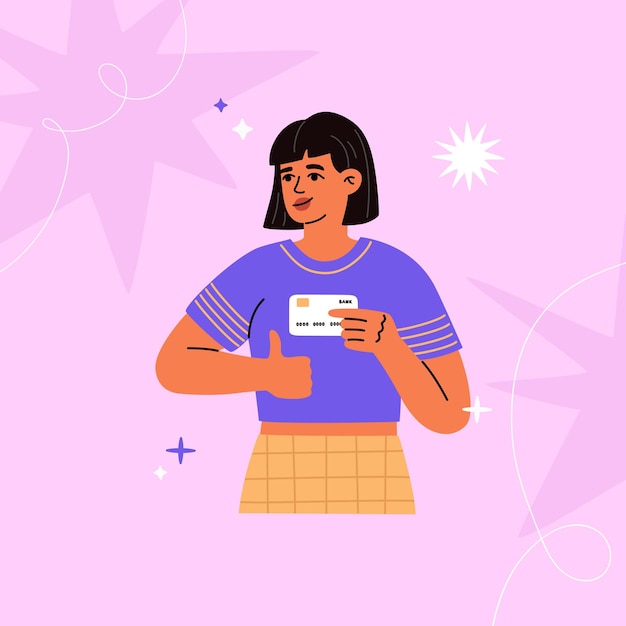 Chica tiene una tarjeta de crédito o débito. Compra segura y transferencia de dinero, servicio de banca virtual. Ilustración de vector dibujado a mano aislado en un fondo morado con estrellas. Estilo de dibujos animados plano moderno.