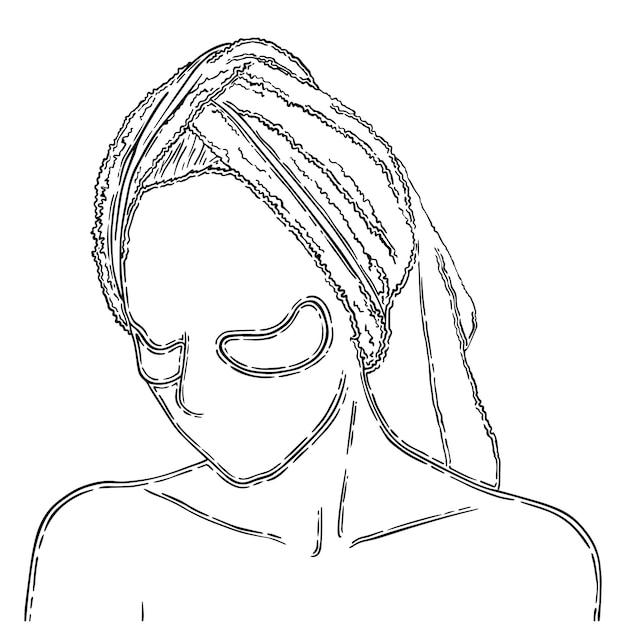 Chica con una toalla en la cabeza y parches de cuidado personal doodle dibujos animados lineales