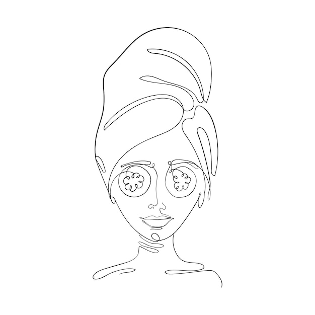 Chica con una toalla en la cabeza y pepinos en los ojos dibujada por una línea interminable procedimientos cosméticos en el cuidado de la piel en el hogar