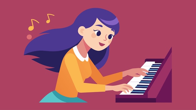 Vector una chica tocando el piano con pasión explicando la historia y las técnicas de diferentes clásicos