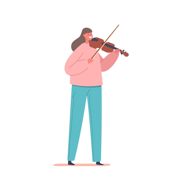 Chica tocando el violín Preparándose para el examen en la escuela de música o entrenamiento antes del concierto en el escenario Pequeño artista talentoso