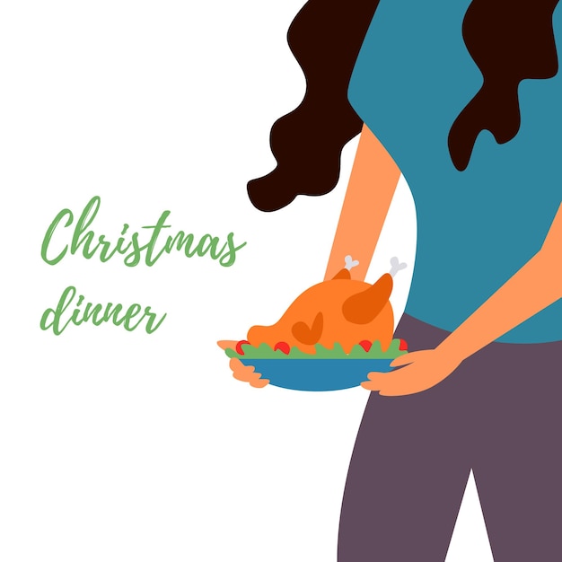 Vector chica toma bandeja de pollo pavo comida deliciosa cena de navidad plato festivo