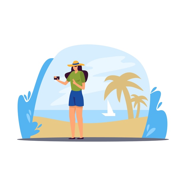 Vector chica toma selfie cerca de la playa y palmeras color gráfico vectorial 2d