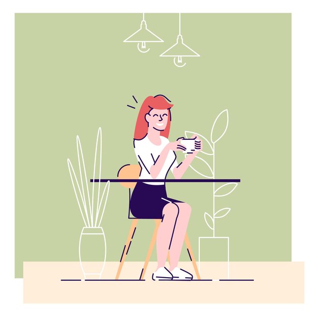 Chica tomando café ilustración vectorial plana. Chica alegre sentada a la mesa, disfrutando de té aromático. Trabajador, empleado relajándose en el almuerzo personaje de dibujos animados con elementos de contorno sobre fondo blanco.