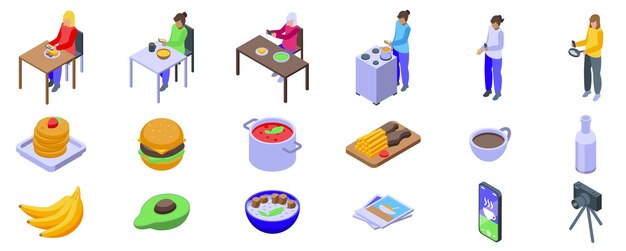 Chica tomando fotos de comida iconos de juego La gente cocinando comiendo y tomando fotos de la comida juego isométrico
