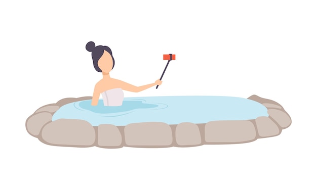 Chica tomando selfie mientras disfruta de aguas termales al aire libre mujer joven relajándose en agua caliente en el vector de la bañera ilustración aislada sobre un fondo blanco