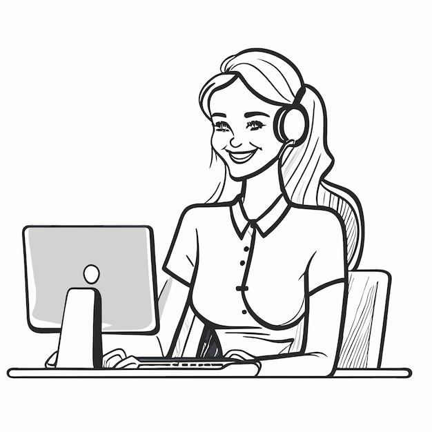 Vector chica trabaja en el escritorio de oficina dibujado a mano plano elegante caricatura icono de pegatina concepto aislado