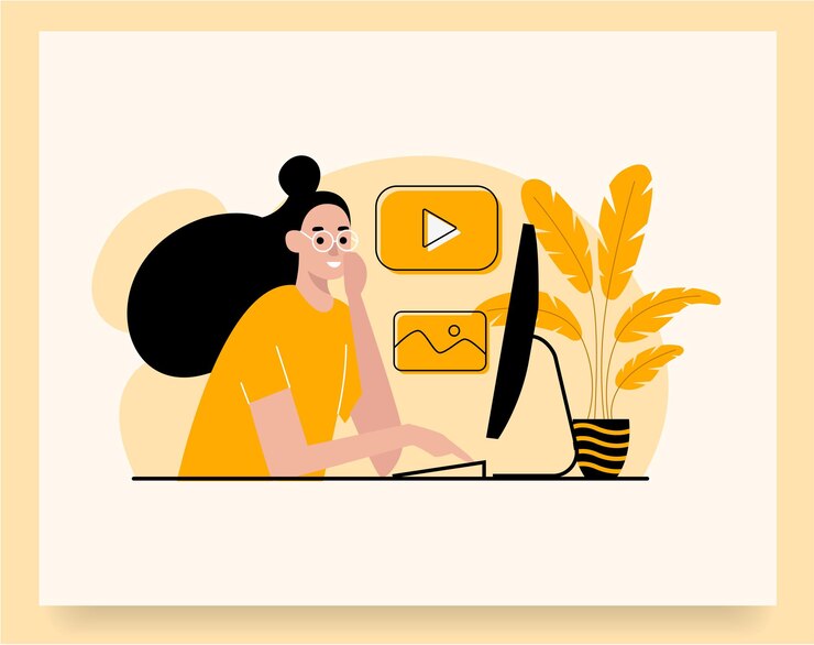 Vector chica trabajando en computadora