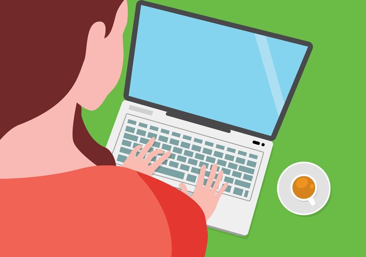 Vector chica trabajando en laptop ilustración perspectiva café escribiendo fondo