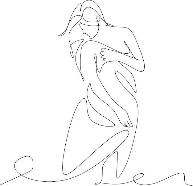 Chica en traje de baño en el arte lineal de la playa