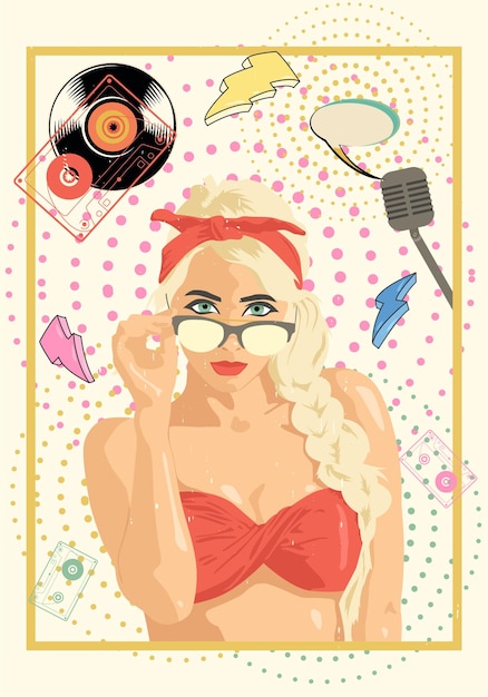 Vector una chica en traje de baño y gafas en el fondo vinilos de cintas de audio de un micrófono