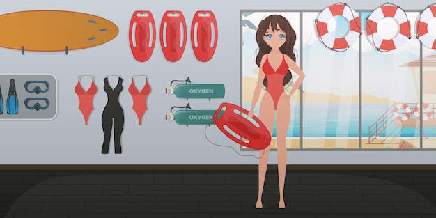 Una chica en traje de baño rojo sostiene un tablero de vida. Mujer salvavidas en la sala de salvavidas. Estilo de dibujos animados.