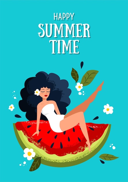 Chica en traje de baño en un trozo de sandía Ilustración de humor de verano Bikini Fiesta en la piscina playa