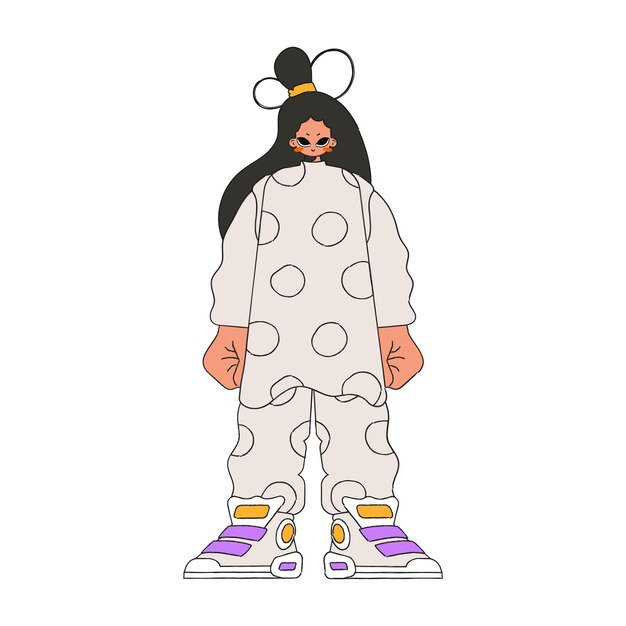 Una chica en un traje beige deportivo con un patrón redondo
