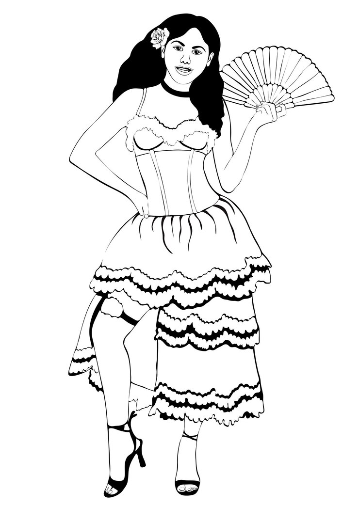 Vector chica en traje nacional español contorno vectorial retrato en blanco y negro dibujo de contorno