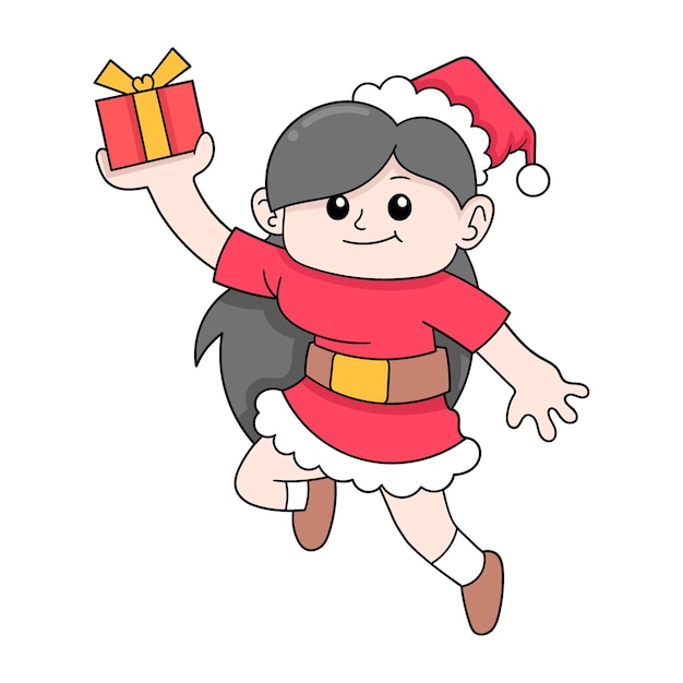Chica con traje de navidad trae regalos doodle icono imagen kawaii