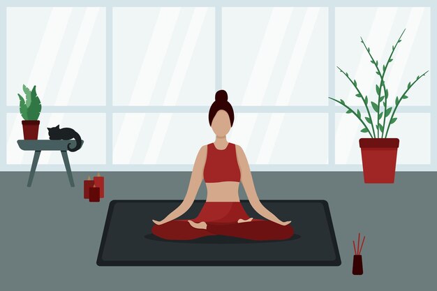 Una chica con traje rojo hace yoga en casa contra una ventana panorámica. ejercicio. quédate en casa. aislamiento.