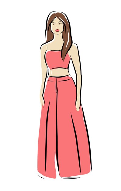 Una chica con traje de verano color coralIlustración de moda