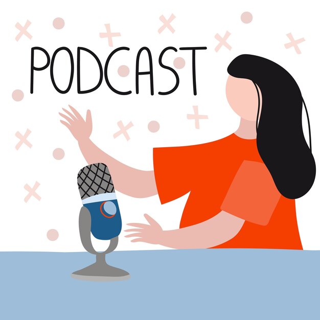 Chica transmite podcast Show de podcast moderno o concepto de blog de audio brodcast ilustración plana vector mujer micrófono y elementos de garabato aislados en blanco