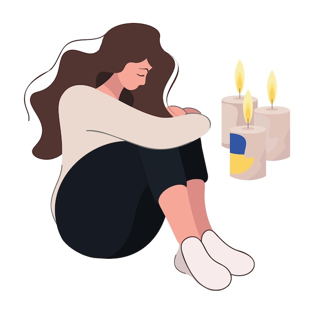 Chica triste llora Mujer triste de dibujos animados sentada sola con velas Ilustración de vector plano