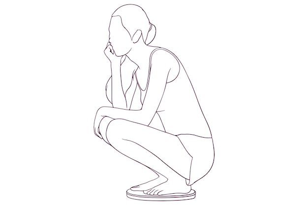 Chica triste sentada en una ilustración de vector de estilo dibujado a mano de escala