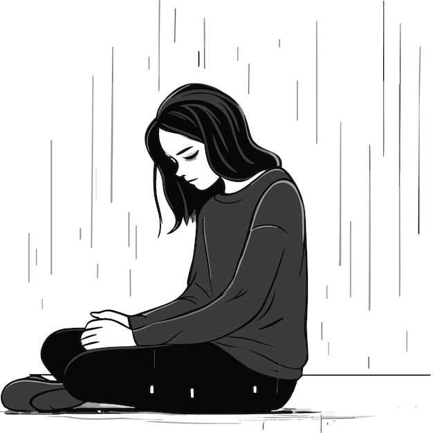 Una chica triste sentada en el suelo, ilustración de estilo silueta para la camiseta