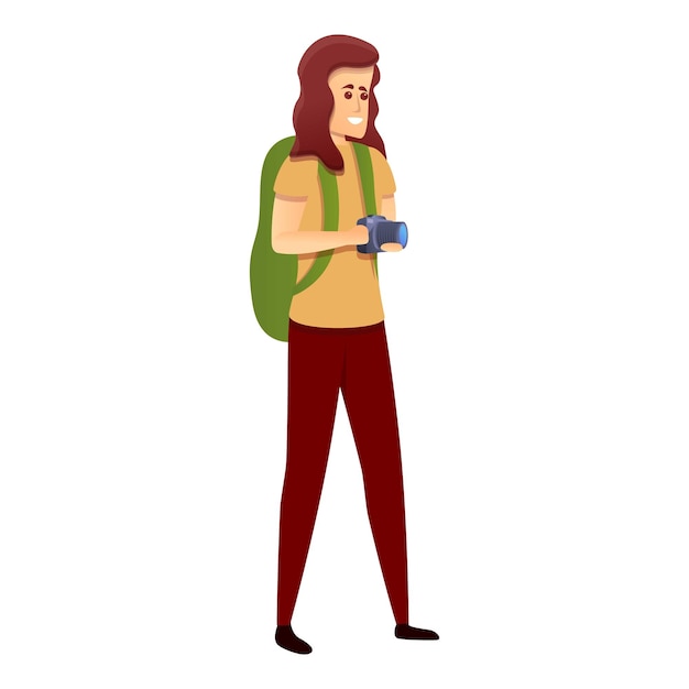 Chica turista con icono de cámara Caricatura de chica turista con ícono vectorial de cámara para diseño web aislado sobre fondo blanco