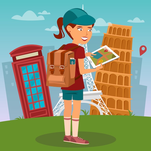 Chica turista mapa de navegación en tableta. turista que usa el navegador móvil. mujer con mochila.