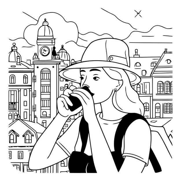 Vector una chica turista con un sombrero rojo y una mochila bebe café en el fondo de la ciudad