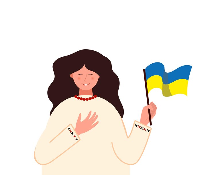 Chica ucraniana en traje folclórico con bandera azul y amarilla. Feliz Independencia, día de la Constitución. Ilustración patriótica