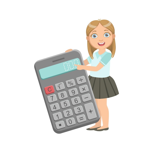 Chica en uniforme escolar con calculadora gigante