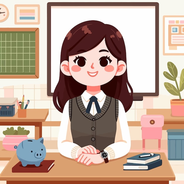 una chica en uniforme escolar se sienta en un escritorio frente a una imagen de una caja de ahorros