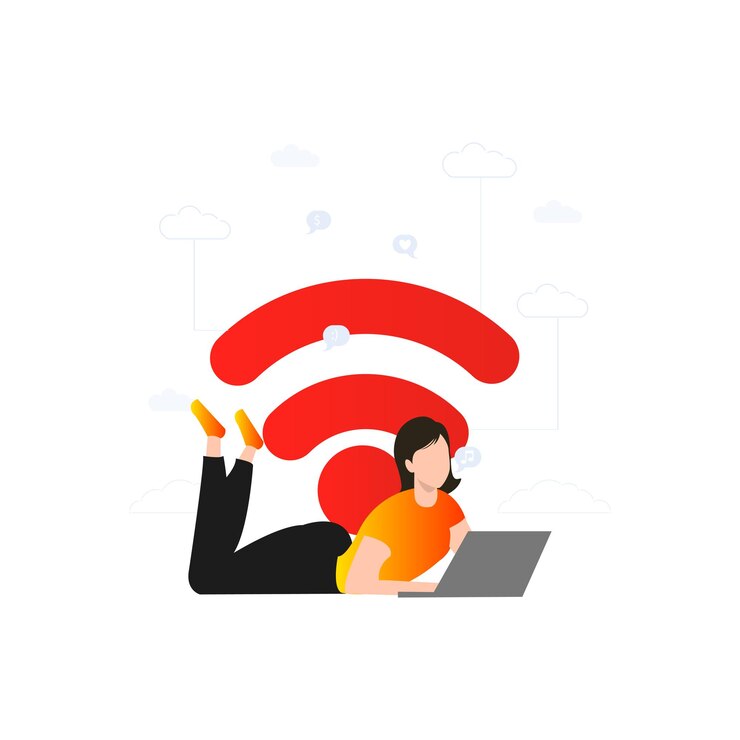 Vector chica usando wifi en la computadora portátil