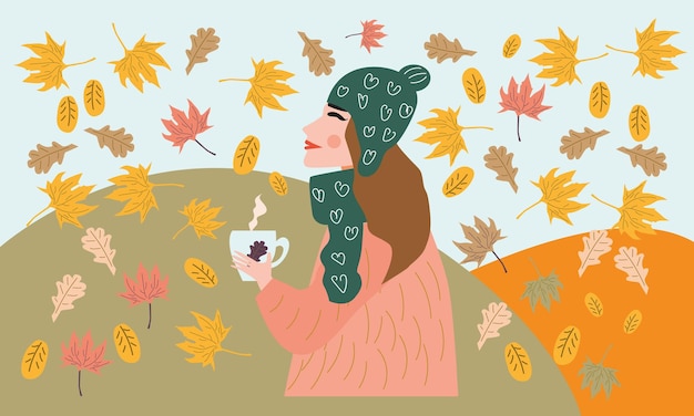 Chica Vector en las hojas de otoño caminando bebiendo café