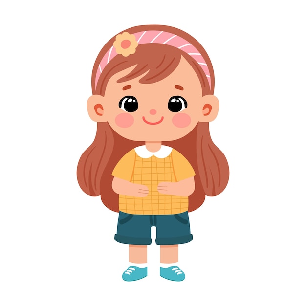 Chica vector linda con camiseta amarilla y pantalones cortos azules
