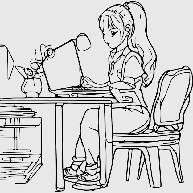 una chica vectorial está sentada en la oficina con un contorno de computadora portátil sólo