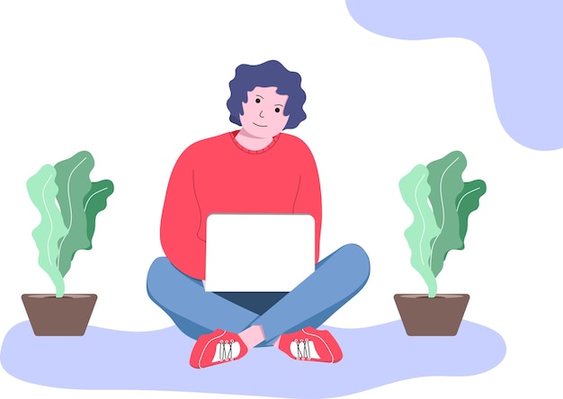 Chica vectorial sentada con las piernas cruzadas sosteniendo una computadora portátil