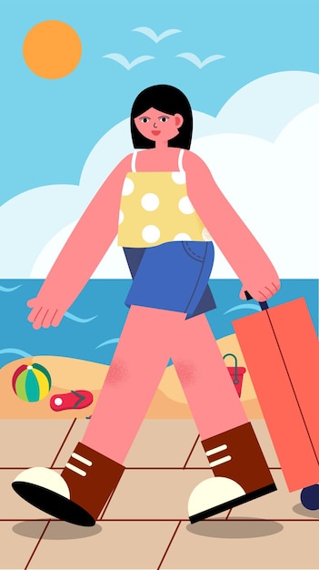 La chica vectorial viaja y viaja con una maleta en el contexto de la ilustración vectorial de playa