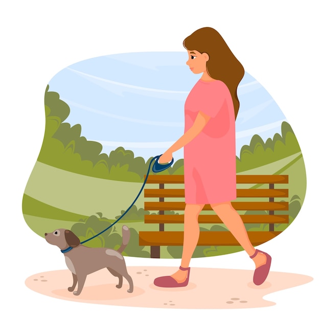 Vector chica vestida caminando con perro con correa en el parque de verano ilustración vectorial