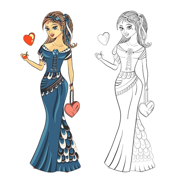 Chica con un vestido azul con una manzana Ilustración de moda Diosa Venus Página del libro para colorear